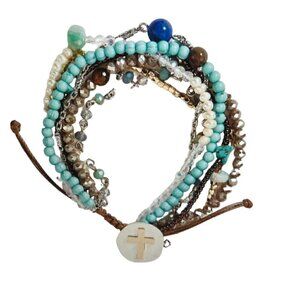Cross, Natural Stone, Crystal Beaded Glass Turquoise Bracet